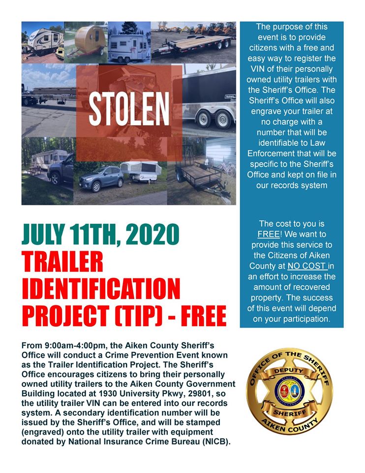 TIP annoucement from the Aiken County Sheriff's Office.