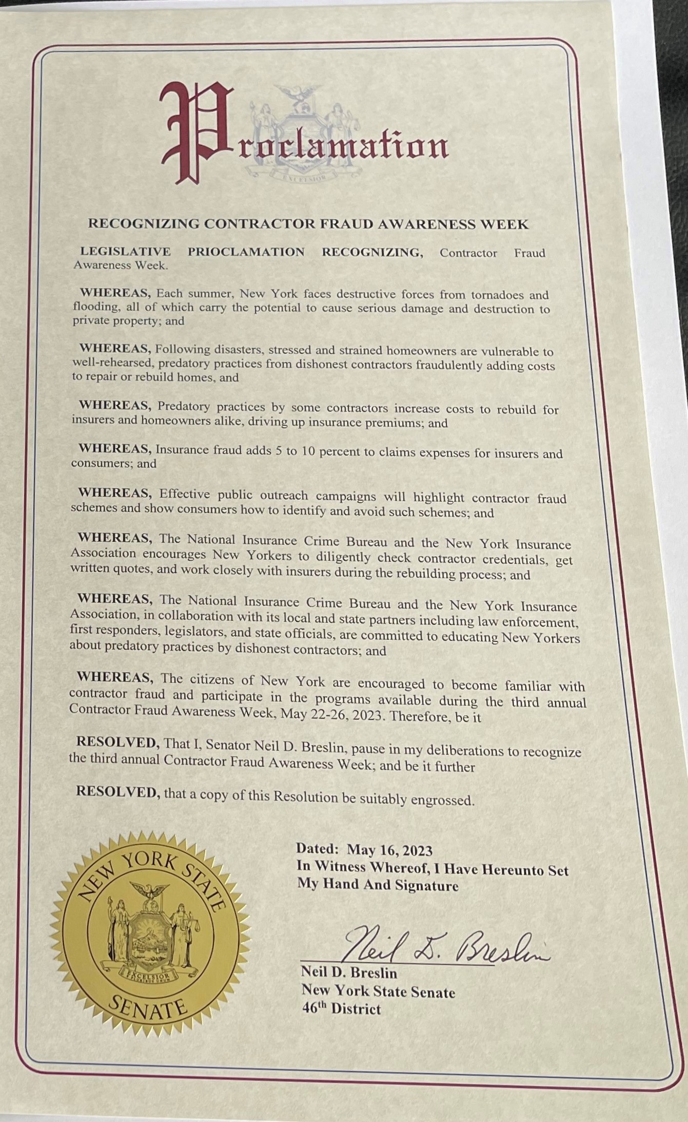 Proclamation of Contractor Fraud Awareness Week 2023 in New York