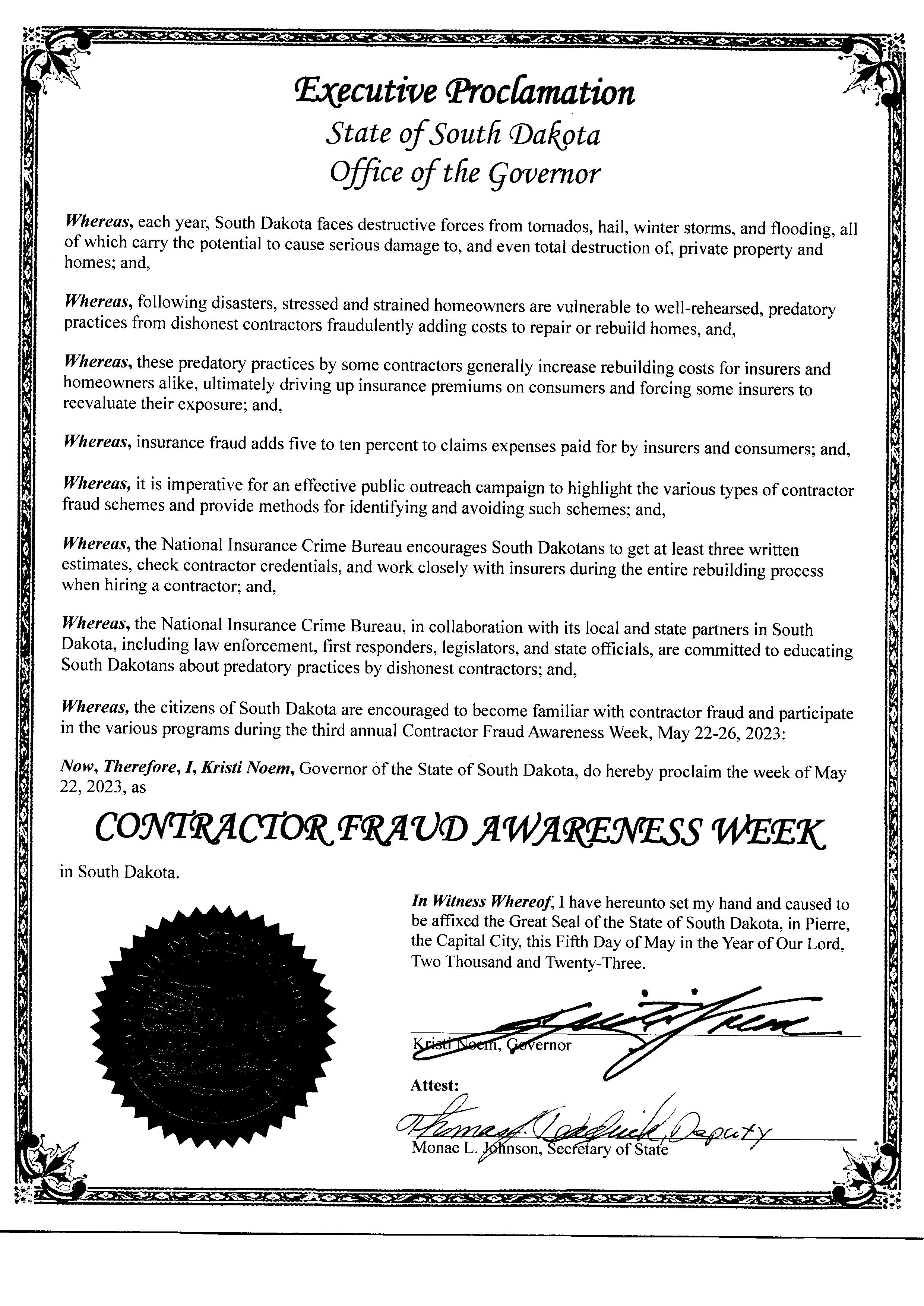 Proclamation of Contractor Fraud Awareness Week 2023 in South Dakota