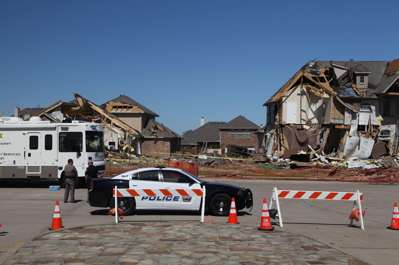 Heavily damaged areas in the city of Rockwall cordoned off by police