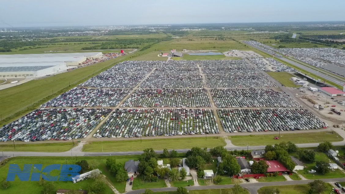 A sea of flooded vehicles pack a raceway outside of Houston, Texas