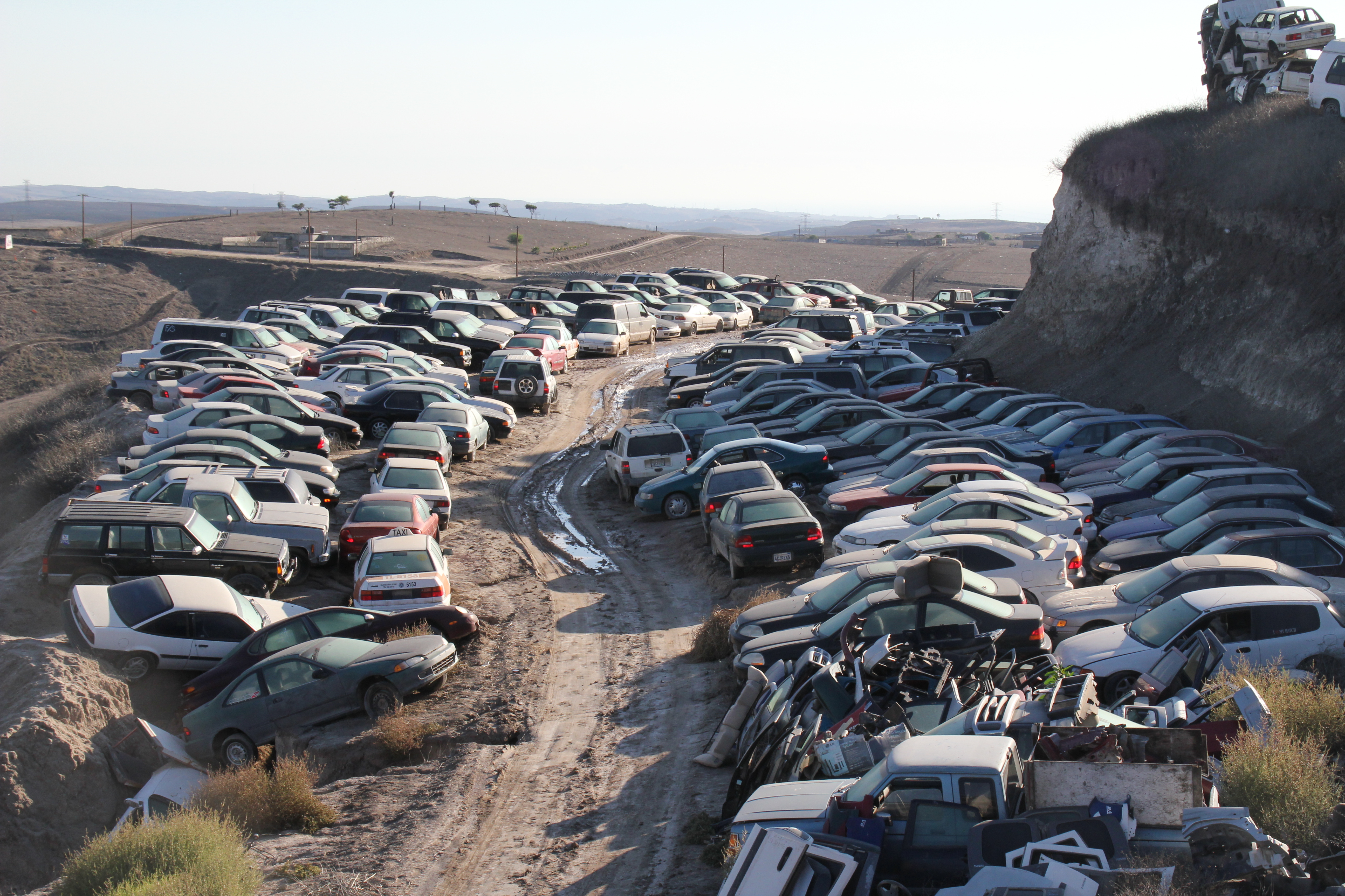 A lot full of cars for repatriation in Mexico with hills in the background